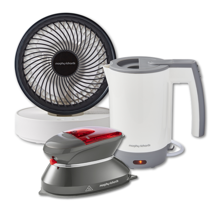 Travel Kettle, Travel Iron and White Air Flex 6” Portable Oscillating USB Fan Set